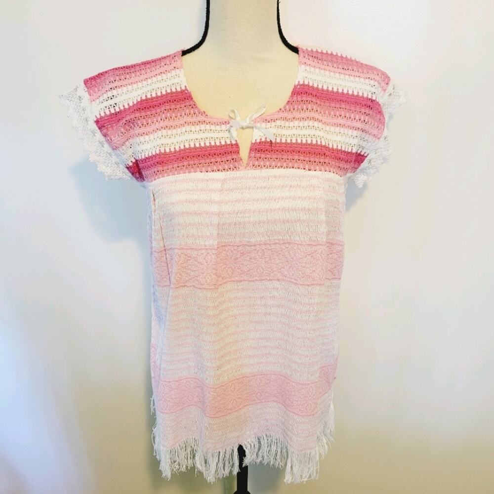 Mexican Knit Pink and White Striped Boho Top Blouse